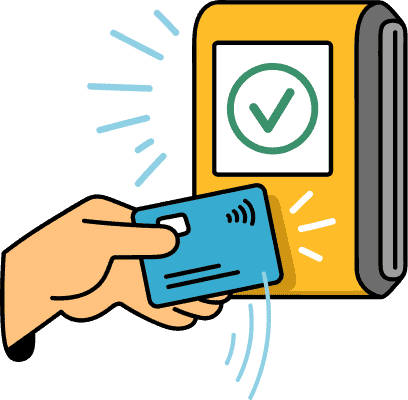 A hand taps a credit card on a fare validator.