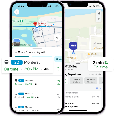 Two mobile screenshots of Del Monte / Camino Aguajito bus stop in Monterey, CA showing GTFS Realtime data. One screenshot shows the bus stop on Google Maps and the other on Apple Maps.